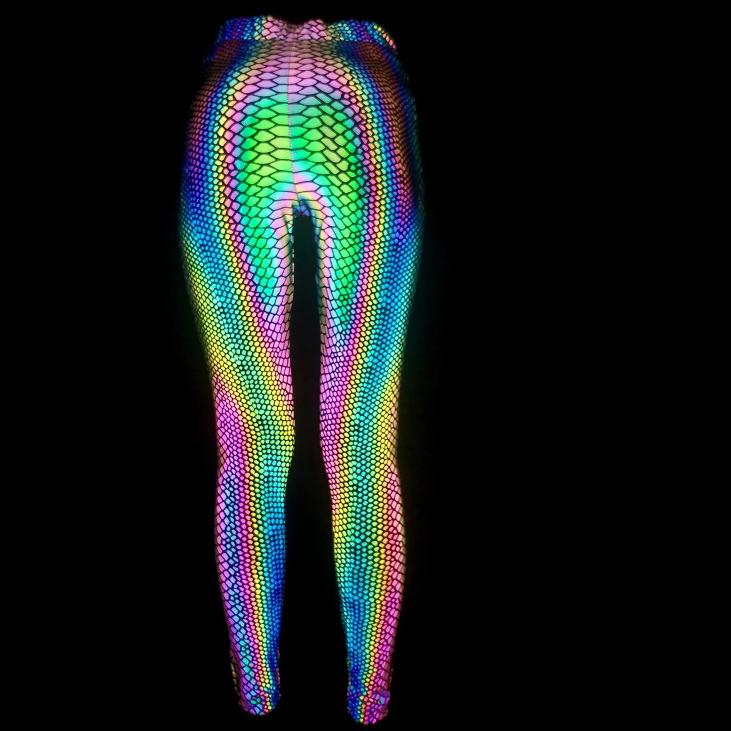 Women's Med Waist New Snakeskin Colorful Reflective Ankle Length Leggings Fitness Sports Hip Lift Elastic Pants Night Club Wear