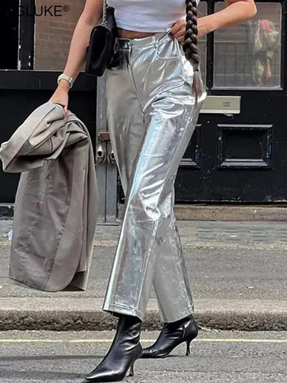 Silber metallische Kunstleder Hose Frauen 2023 hohe Taille lange Winter Hose Hip Hop Streetwear Y2K Hose Nachtclub tragen