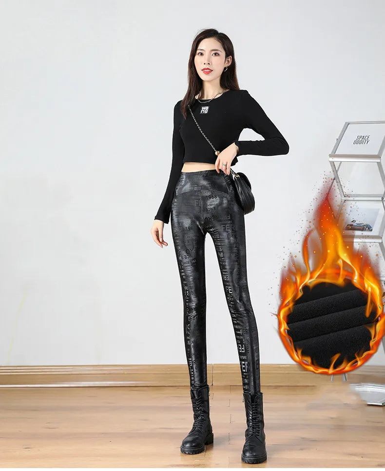 Letter Graffiti Elasticity Leather Leggings High Waist Women Autumn Winter Warm Slim Fleece Leggings Motorcycle PU Pencil Pants