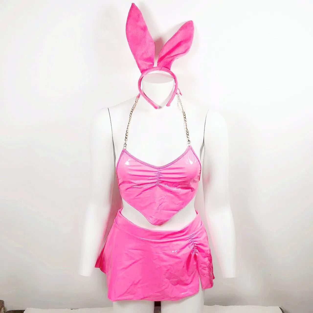 Lencería de látex, ropa interior rosa neón para mujer, traje Sexy de conejito de 3 piezas de PVC, disfraces de cuero sexys para discoteca
