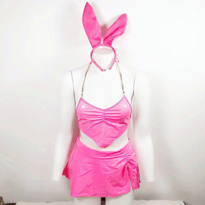 Latex Lingerie Neon Pink Underwear Women 3-Piece Bunny Sexy PVC Outfit Sexy Nightclub Leather  Costumes