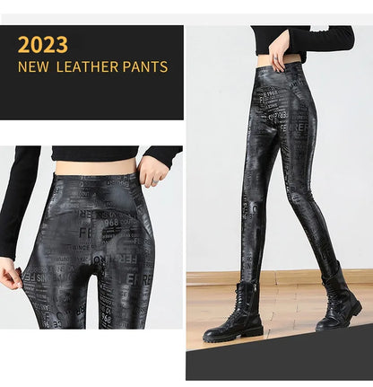 Letter Graffiti Elasticity Leather Leggings High Waist Women Autumn Winter Warm Slim Fleece Leggings Motorcycle PU Pencil Pants