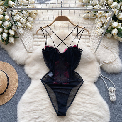 Fashion Mesh Sheer Sensual Bodysuits Slim Sexy Embroidery Spaghetti Strap Rompers Senior Women Floral Lace Playsuits Wanita