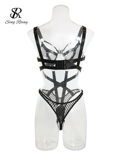 Strap Hollow Out Sexy Playsuits Damen Transparent Schlank Sinnliche Nachtwäsche Offener Schritt Sheer Rückenfrei Bodysuits Wanita