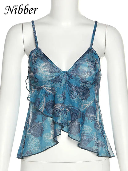 Chaleco estampado transparente de malla para mujer, camisola Sexy informal con cuello en V sin mangas y tirantes, camiseta sin mangas de retazos, parte de arriba, ropa informal