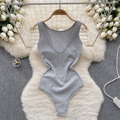 Solid Button Slim Bodysuits 2023 V Neck Sleeveless Open Crotch Sensual Top Ladies Fashion Bodycon Sexy Bodysuits Wanita