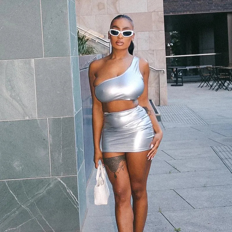 Bright Silver Sexy 2 Pieces Set Women 2023 New Solid Color One Shoulder Sleeveless Crop Top and Short Skirt Suit for Summer