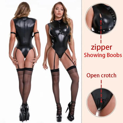 Body de lencería Sexy para mujer, cuerpo de cuero de látex, ropa interior Sexy, peleles, sujetador abierto, Catsuit sin entrepierna