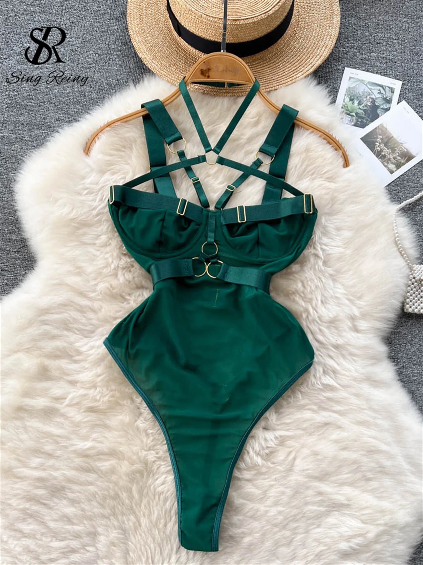 Fashion Sheer Sexy Bodysuits Women Buckle Crossing Halter Strap Open Crotch Nightwear Hollow Out Slim Sensual Playsuit Wanita