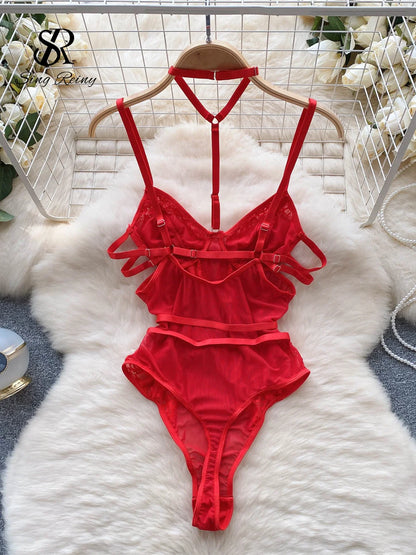 Women Sensual Hollow Out Playsuits Female Halter Strap Transparent Thin Slim Jumpsuits 2023 Mesh Lace Sexy Bodysuits Wanita