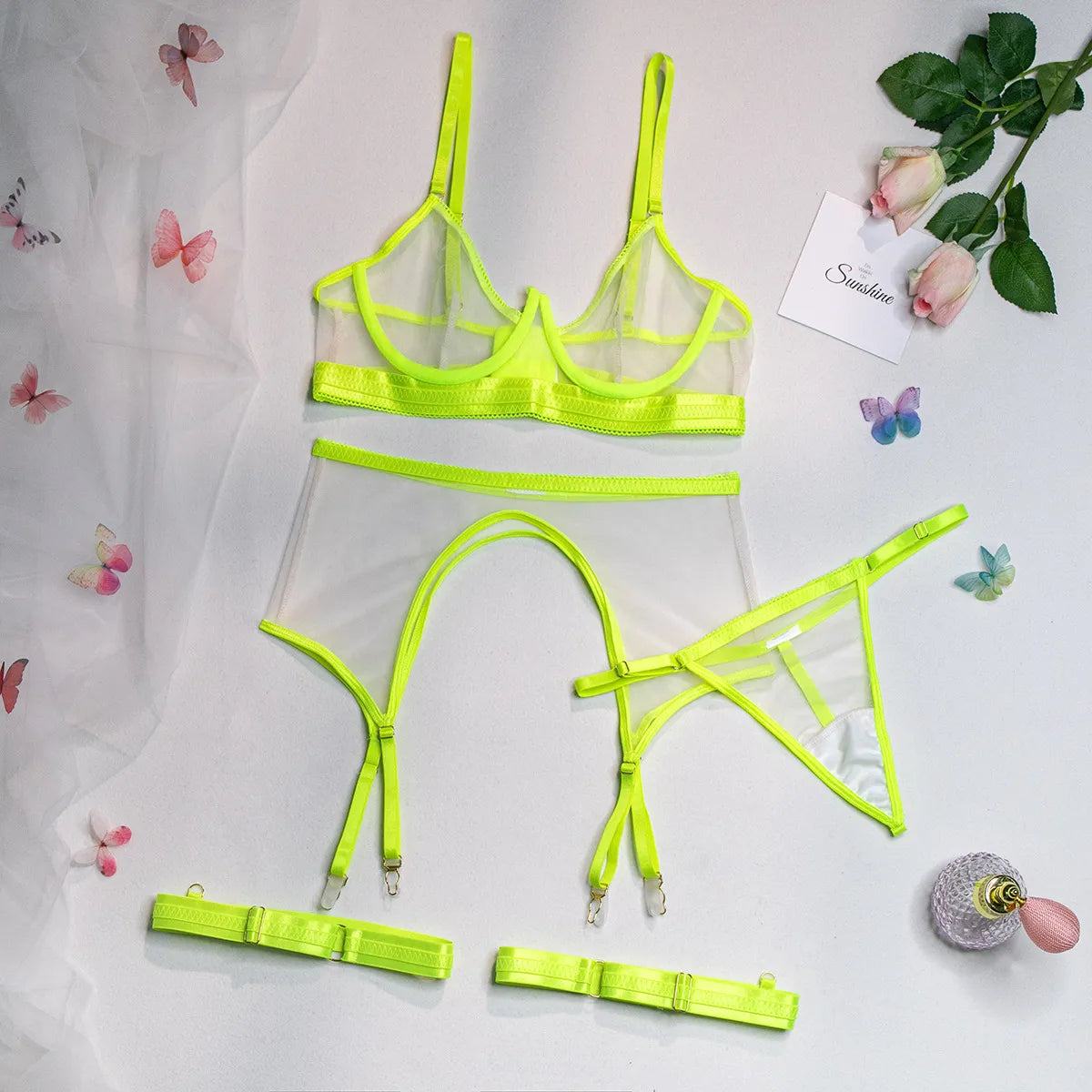 Lencería femenina de neón, conjuntos de sujetador y bragas transparentes sexis, Kit de ropa interior de encaje, Sensual transparente, íntimo sin costuras