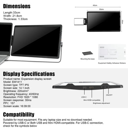 Original Portable Monitor for Laptop 12" Detachable Triple monitor with Kickstand 1080P HDR IPS Dual Extender Screen for 13-16.5