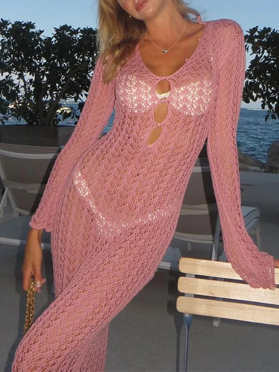 Sexy White Pink Cutout Knit Sweater Dress Fall Winter 2023 Elegant Holiday Backless Long Sleeve Maxi Dresses Women Crochet