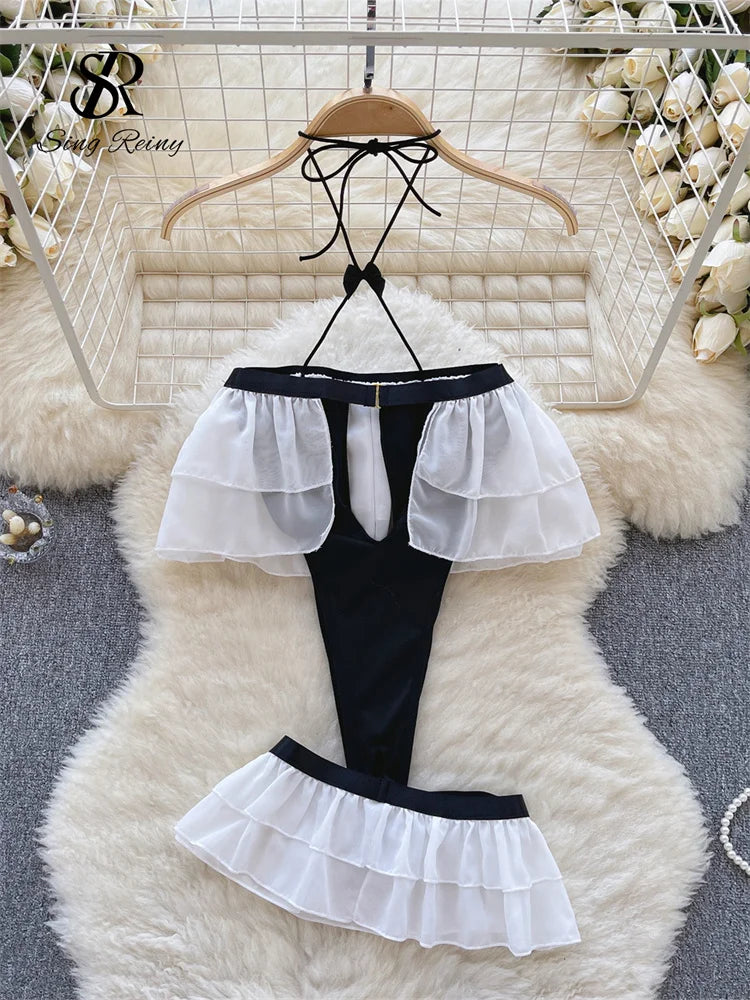 Ruffles Sweet Sexy Bodysuits Ladies Halter Hollow Out Slim Backless Playsuits+Mini Skirt  Open Crotch Nightwear Wanita