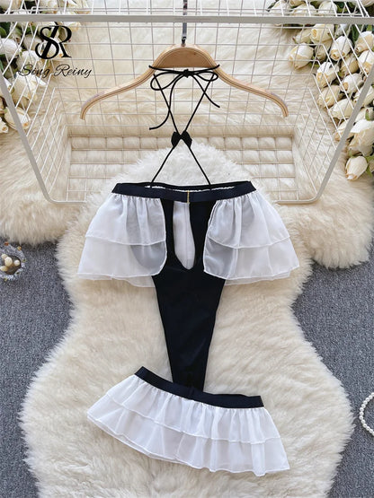 Ruffles Sweet Sexy Bodysuits Ladies Halter Hollow Out Slim Backless Playsuits+Mini Skirt  Open Crotch Nightwear Wanita