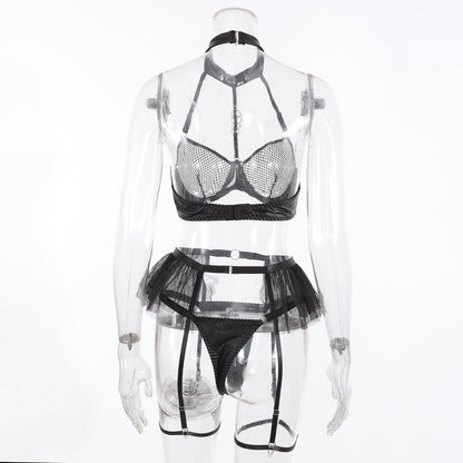 Fischnetz-Dessous, Neckholder-BH, gerüschtes Strumpfband, PVC-Unterwäsche, transparente, sinnliche Sissy-Outfits ohne Schritt