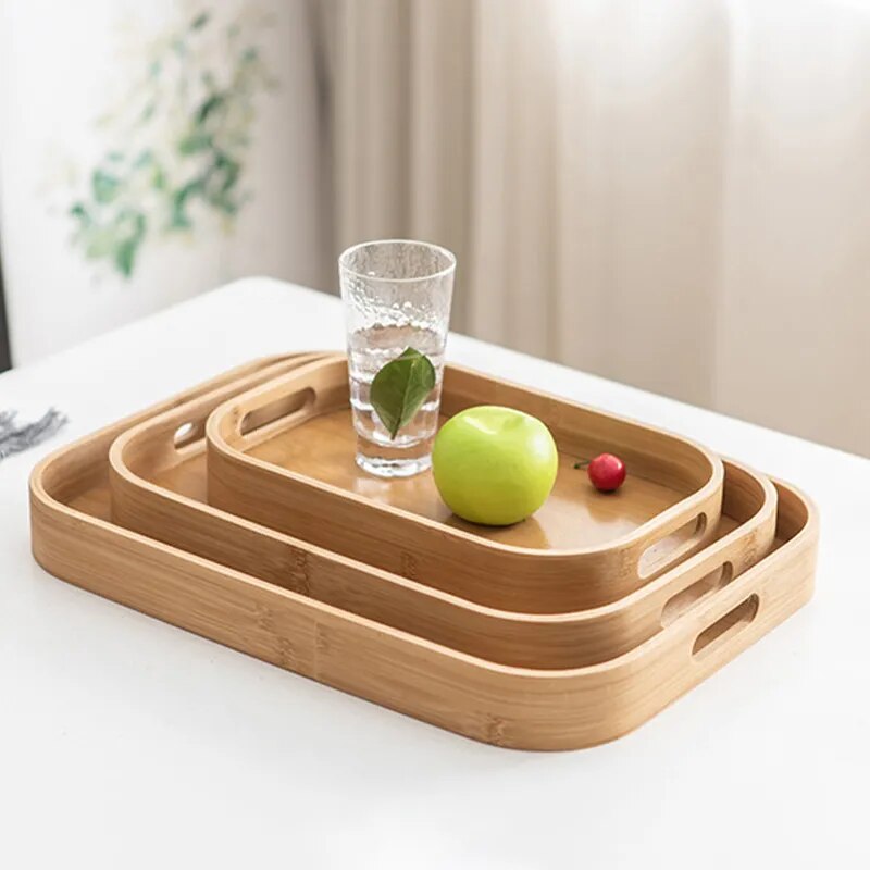 Bandeja rectangular redonda multiusos de madera de bambú para servir, bandejas para té y café para el hogar, bandeja de almacenamiento para cocina para comida para el desayuno