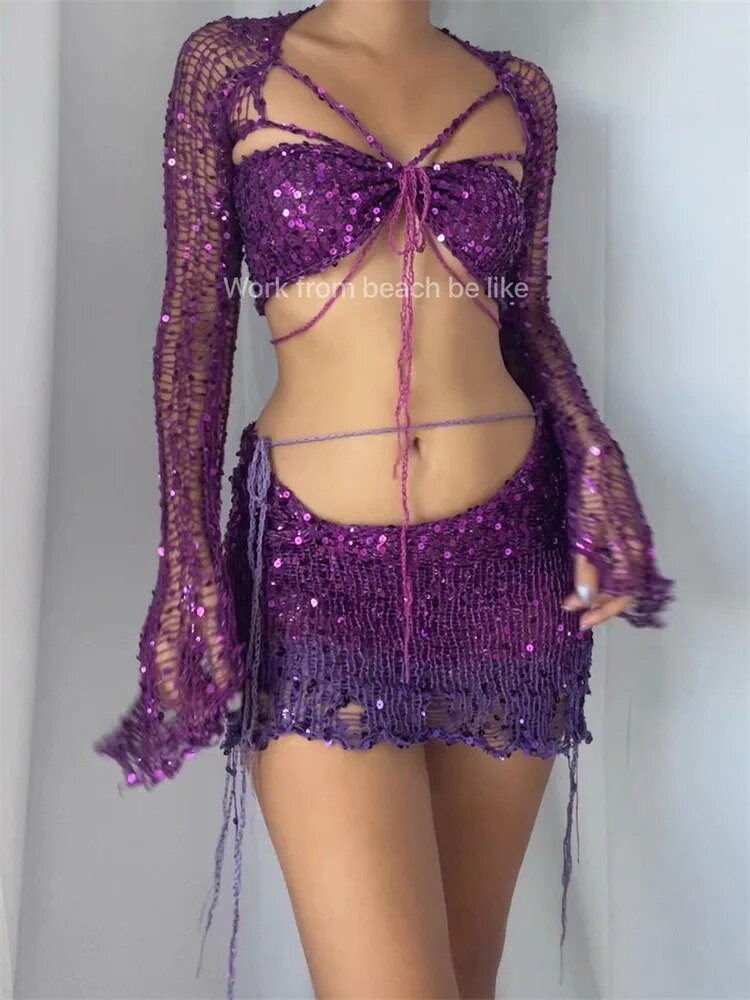 Vestidos de fiesta sexys con lentejuelas, suéter de punto, conjuntos de falda de 2 piezas, trajes para mujer, vestido transparente de manga larga acampanada