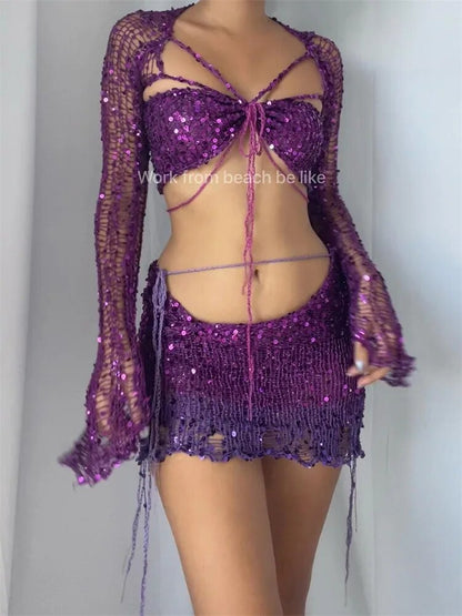 Vestidos de fiesta sexys con lentejuelas, suéter de punto, conjuntos de falda de 2 piezas, trajes para mujer, vestido transparente de manga larga acampanada