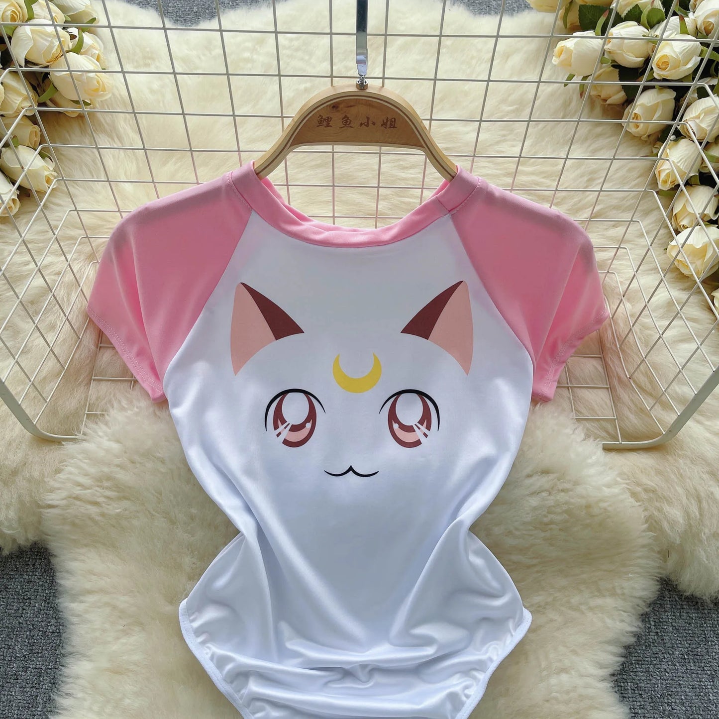 Monos ajustados dulces de verano para mujer, camiseta con estampado de gato de manga corta y cuello redondo, monos sexys elásticos con entrepierna abierta para mujer Wanita