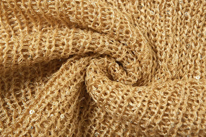 Gold Pailletten Halfter Kapuze Sexy Hohl Gestrickte Tank Tops und Shorts 2 Stück Set Frauen Rückenfreie Sommer Club Party Outfits