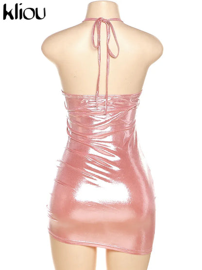 Kliou Sexy Dekolleté, glänzendes Neckholder-Minikleid für Damen, Party, Club, Kordelzug, ärmellos, dünne Robe, rückenfrei, Damenbekleidung