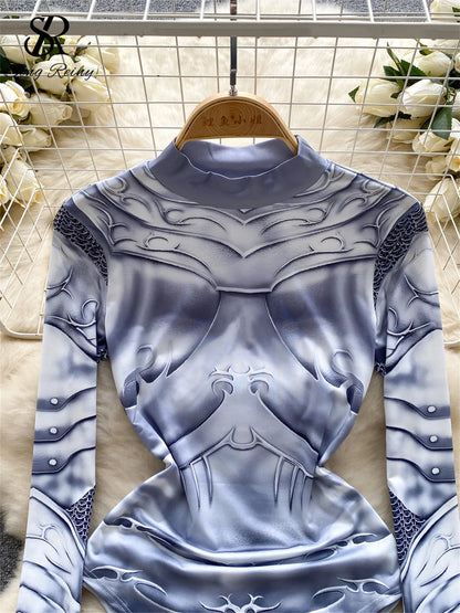 Sensual Hotsweet Print Playsuits Women Half High Collar Long Sleeved Slim Streetwear 2023 Fashion Sexy Slim Bodysuits Wanita