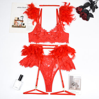 Lencería de plumas, ropa interior de lujo de encaje, conjuntos de sujetador y bragas transparentes de 5 piezas, Sissy íntimo sin costuras, Push Up Sensual