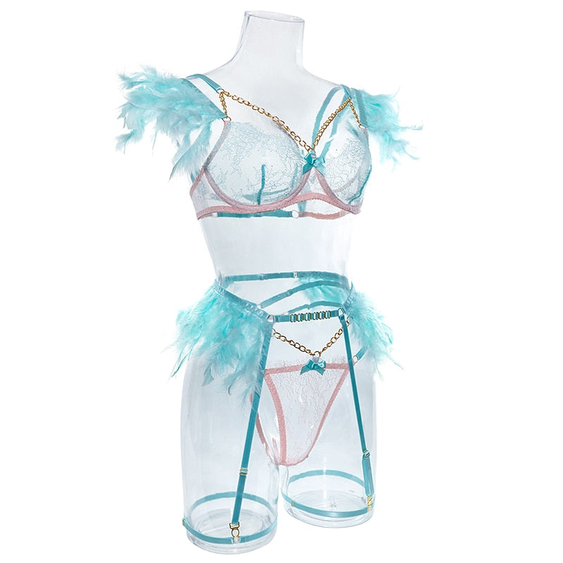 Lencería de plumas, ropa interior Sexy para mujer, sujetador transparente, cadena de Metal, encaje, conjunto de 3 piezas, íntimo de lujo