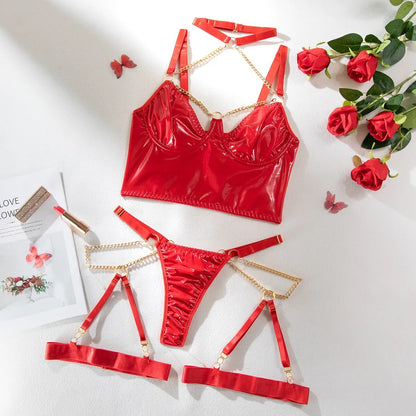 Lencería de cuero con cadena Hot Sexy Bilizna Set Halter Bra Kit Push Up Látex Rojo Sensual Íntimo