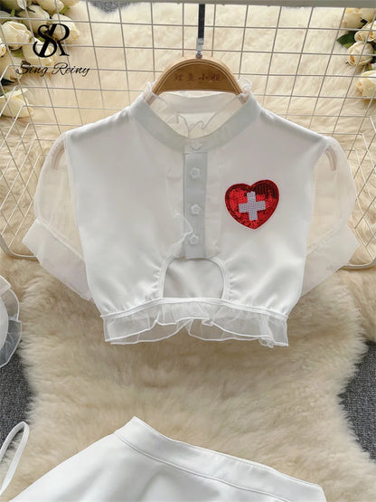 Nurse Uniform Cosplay Sexy Suits Women Short Sleeves Ruffles Top+Mini Skirt+Thongs Nightwear 2023   Outfit Wanita