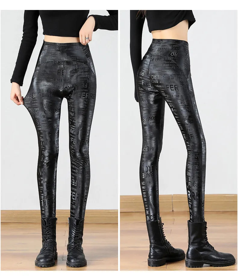 Letter Graffiti Elasticity Leather Leggings High Waist Women Autumn Winter Warm Slim Fleece Leggings Motorcycle PU Pencil Pants