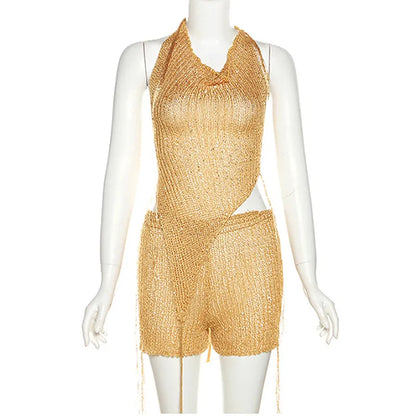 Gold Pailletten Halfter Kapuze Sexy Hohl Gestrickte Tank Tops und Shorts 2 Stück Set Frauen Rückenfreie Sommer Club Party Outfits