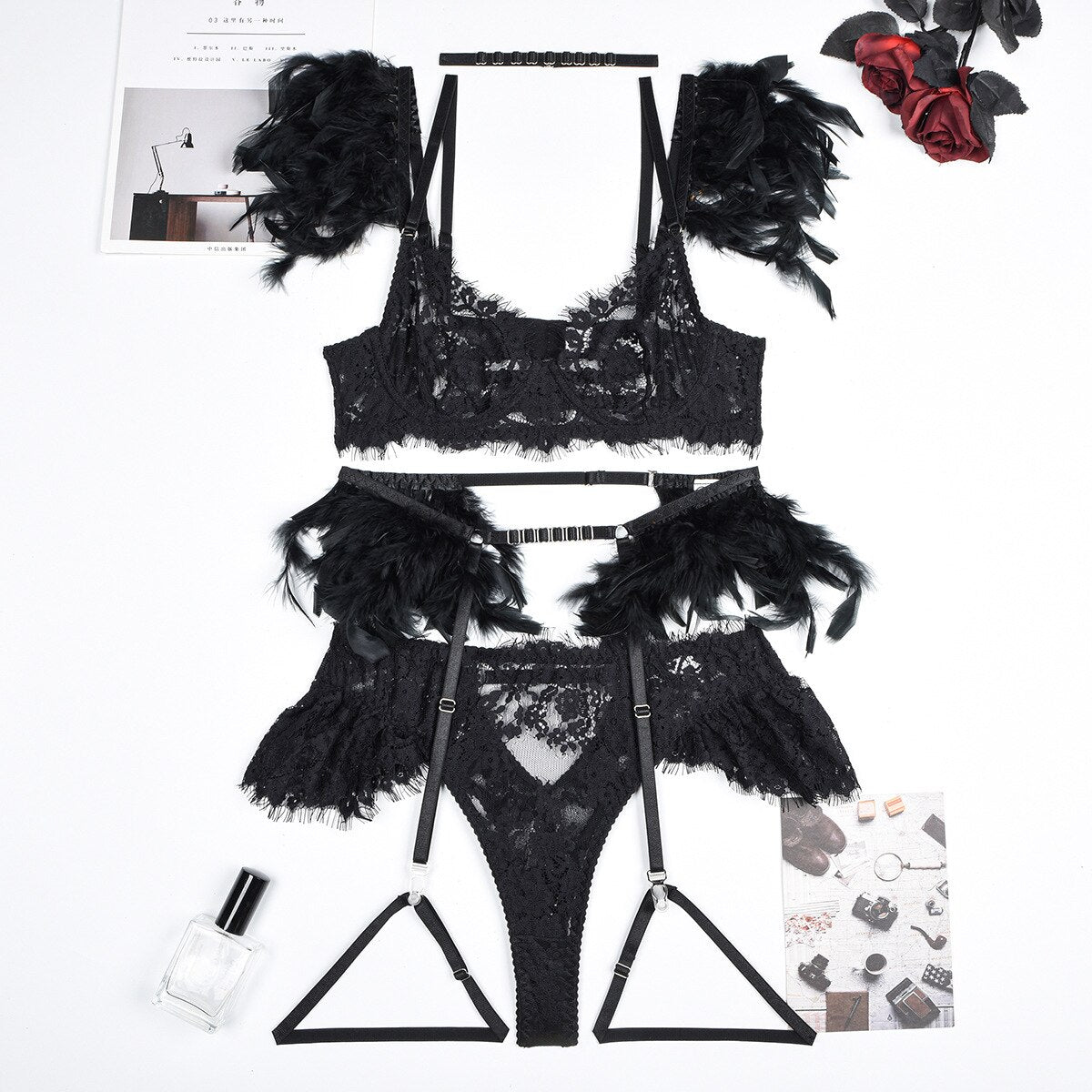 Feather Lingerie Lace Luxury Underwear 5-Piece See Through Sissy Seamless Intimate Push Up Sensual Bra And Panty Sets