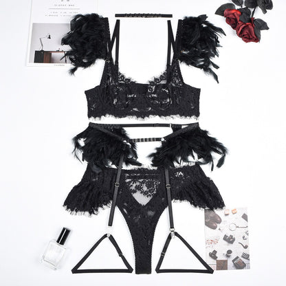 Lencería de plumas, ropa interior de lujo de encaje, conjuntos de sujetador y bragas transparentes de 5 piezas, Sissy íntimo sin costuras, Push Up Sensual