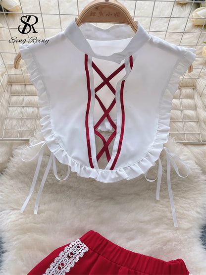 Magd Cosplay Anzüge Weibliche Aushöhlen Kordelzug Top + Mini Spitze Rock + Tangas Süße Sexy Nacht Sets Wanita