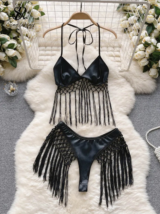 Wanita Tassel o Sexy Underwear Sets Women Halter Camis+ PU Leather Short Underpants Female Club Lingerie Two Pieces Suits