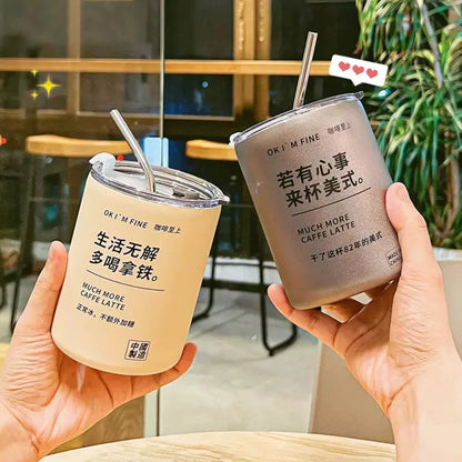 Ins Coffee Cup Thermoses Stainless Steel Water Bottle Straw Cup Ice American Coffee Mug Double-layer Vacuum Flask Couple Cup