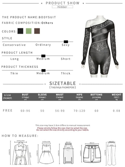 Nibber Lace Hollowing Mesh See Through Midnight Playsuits Women Sexy Inclined Shoulder Long Sleeve Patchwork Skinny Rompers Club