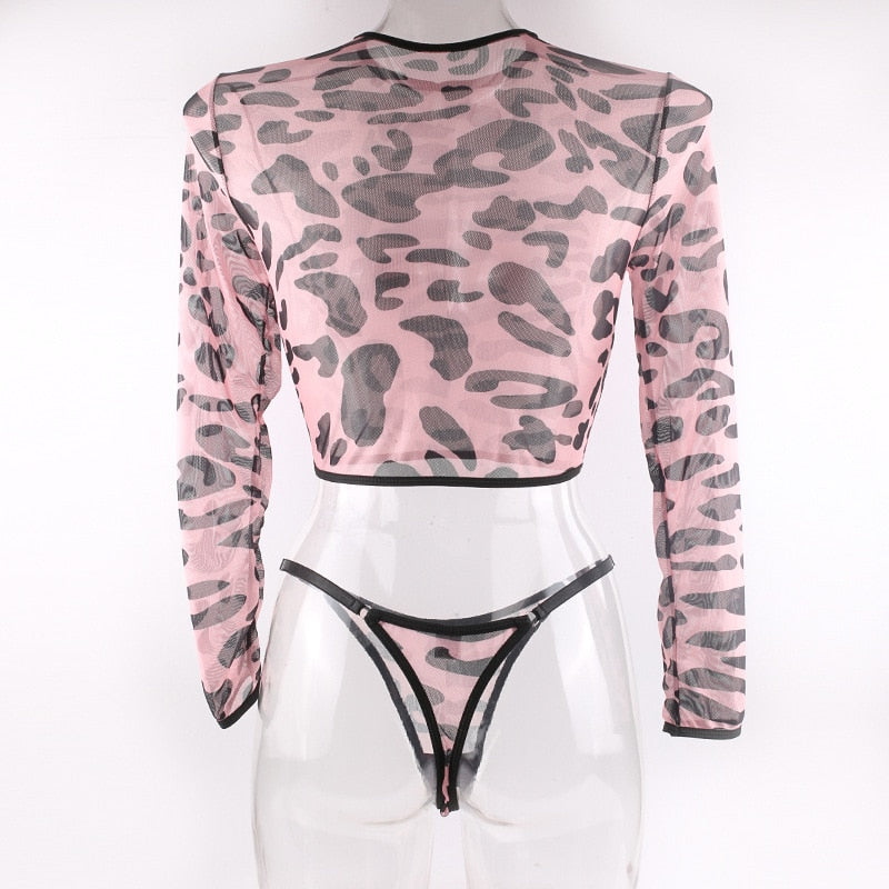 Leopard Lingerie Outfits Light Pink Tops Long Sleeve Sets For Women 2 Pieces Contrast Color Young Girl Intim Goods