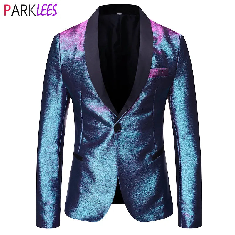 Blazer de vestir degradado a la moda brillante para hombre, chal con un botón, solapa, chaqueta de traje elegante, esmoquin informal para fiesta, graduación, banquete de boda