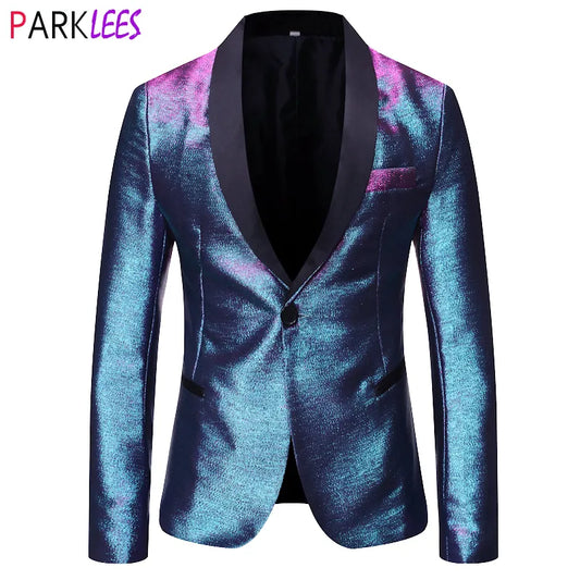 Herren-Blazer, glänzend, modisch, mit Farbverlauf, One-Button-Schal, Revers, eleganter Anzug, Jacke, Herren, lässig, Party, Abschlussball, Hochzeit, Bankett, Smoking