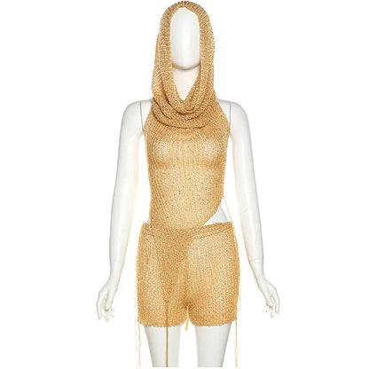 Gold Pailletten Halfter Kapuze Sexy Hohl Gestrickte Tank Tops und Shorts 2 Stück Set Frauen Rückenfreie Sommer Club Party Outfits