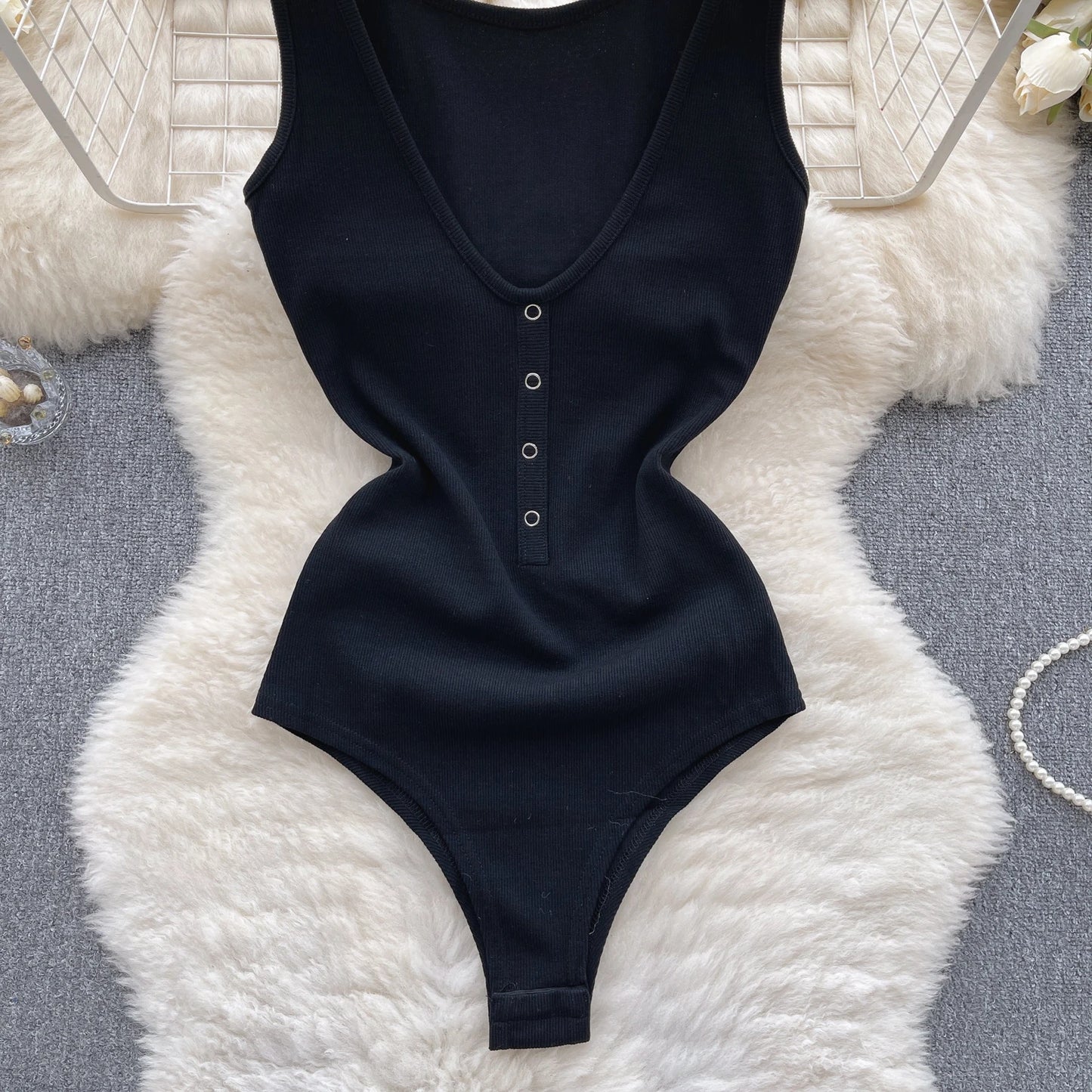 Solid Button Slim Bodysuits 2023 V Neck Sleeveless Open Crotch Sensual Top Ladies Fashion Bodycon Sexy Bodysuits Wanita