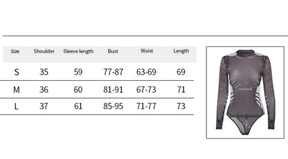 Wanita See Through Sexy Bodysuit Skulls Letter Graphic Women Clothes Slim Bodys Para Mujer De Vestir Long Sleeve One-Pieces Streetwear