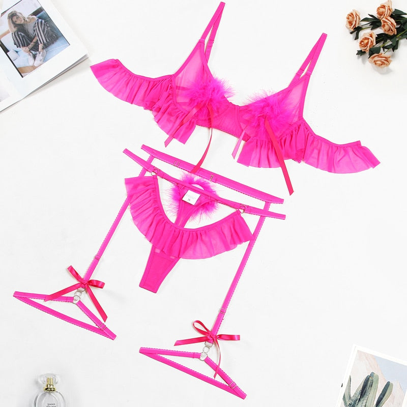 Lencería de plumas sexy para mujer, tangas huecas con volantes, conjunto sin costuras, 3 piezas, Hada íntima