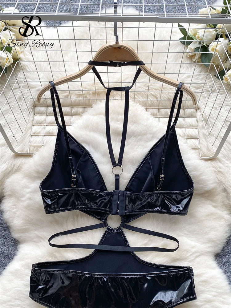 Hollow Out Sexy Bodysuits Women Sleeveless Halter Slim Backless Bikini 2023 Ladies Pu Leather Sensual Playsuits Wanita