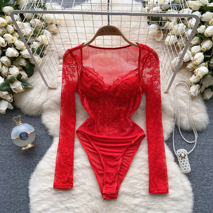 Fashion Lace Mesh Sexy Bodysuits Women Long Sleeved Open Crotch Y2K Top Transparent Streetwear Sensual Slim Playsuits Wanita