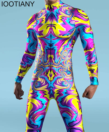 Disfraz con estampado de esqueleto multicolor para hombre y niño, traje Zentai con cremallera frontal, monos para fiesta de Halloween, traje festivo de Carnaval