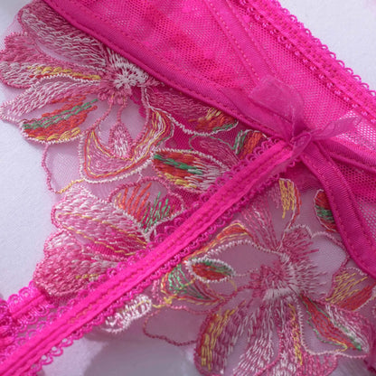 Ausgefallene rosa Dessous mit Blumenstickerei, sexy Tangas, Strumpfhalter-BH-Anzug, 3-teilig, zarte Luxus-Spitze, schöne Unterwäsche